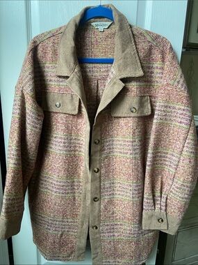 DAVI & DANI Pink Multicolor Tweed Utility Jacket with Tan Corduroy Trim